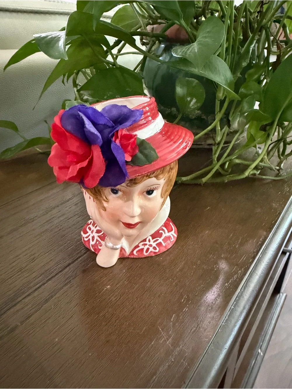 Lefton Vintage Red Hat Ceramic Lady Head Vase with Purple Flowers